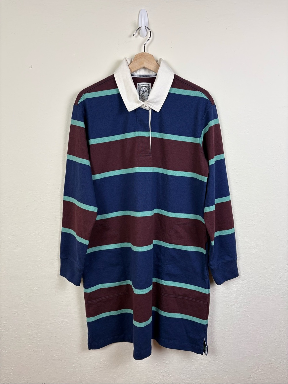 Lands' End Medium Long Sleeve Knit Rugby Dress Striped Navy Burgundy Preppy Fall